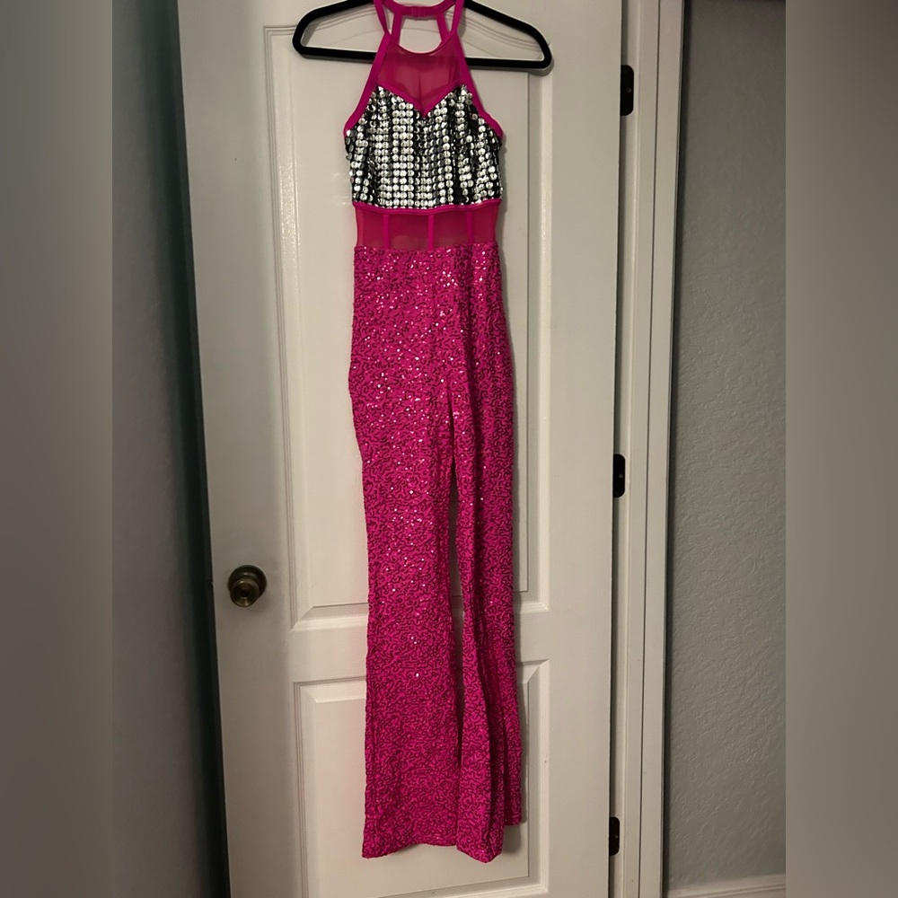 Weissman Fuchsia Sequin bell bottom unitard